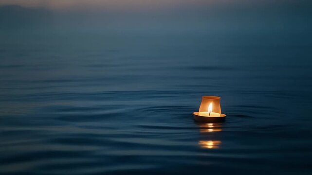 Small Glowing Floating Lantern on Calm Water Surface at Night, Peaceful Serene Ocean Motion Background
