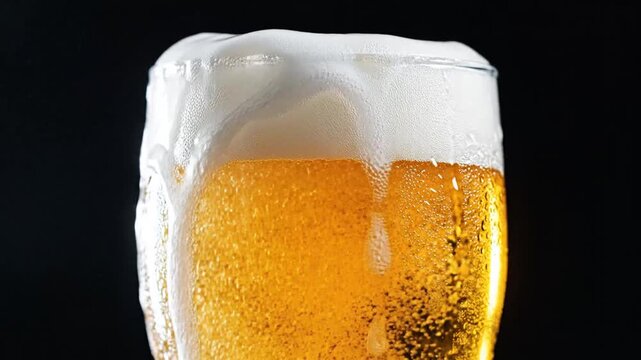 Close-up of golden beer being poured into a glass with frothy foam