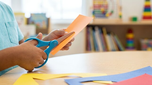 A young child cutting orange paper with blue safety scissors in a classroom setting.