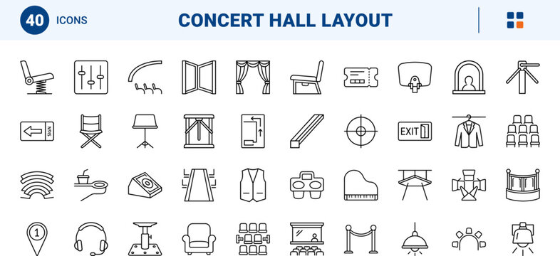 Concert Hall Seats line icon set. Vector pictograms of auditorium, theater, venue, and seating elements, thin linear illustration.