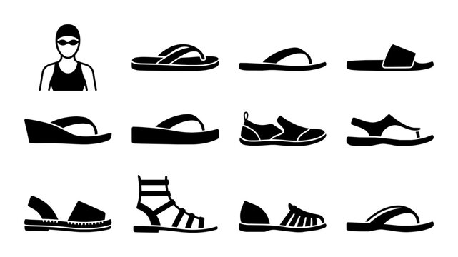 Diverse Footwear Collection: Summer Sandals, Flip-Flops, Slides, and Casual Shoes Vector Icons Set. Versatile Summer Shoe Graphics for Fashion and Lifestyle.