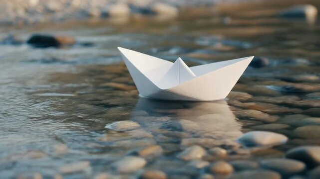 Pristine White Origami Paper Boat Floating Gently on Shallow Crystal Clear River Stream with Pebbles, Full HD Motion Background
