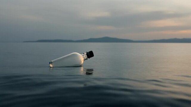 Empty Clear Glass Bottle Floating Gently on Calm Dark Sea at Dusk, Peaceful Ocean Horizon, Full HD Motion Background