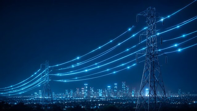 Smart city energy infrastructure featuring digital data streams flowing through high voltage transmission lines toward a modern illuminated metropolitan skyline at night