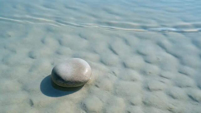 Zen Smooth Stone in Crystal Clear Shallow Water with Gentle Ripples, Peaceful Nature Background, Full HD 1080p