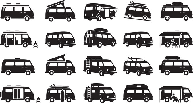 Recreational vehicle camper vans and motorhomes transport icons