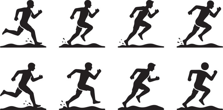 Athletic runners sprinting sprinting sports silhouettes icon collection