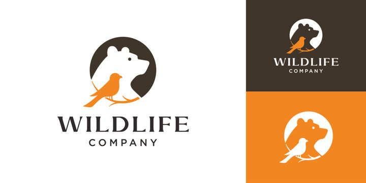 negative-space bear inside a circle and a canary singing on a tree branch logo design vector