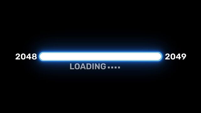 2048 to 2049 loading progress bar with glowing blue neon interface, futuristic digital status display and annual transition on black background 4k visuals