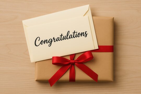 A brown gift box tied with a red ribbon, accompanied by a cream-colored card that reads "Congratulations," placed on a wooden surface.