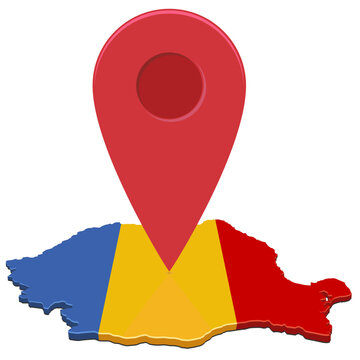 3D isometric map of Romania with national flag texture and red pin pointer representing travel destination, navigation, location, and regional tracking (cut out)