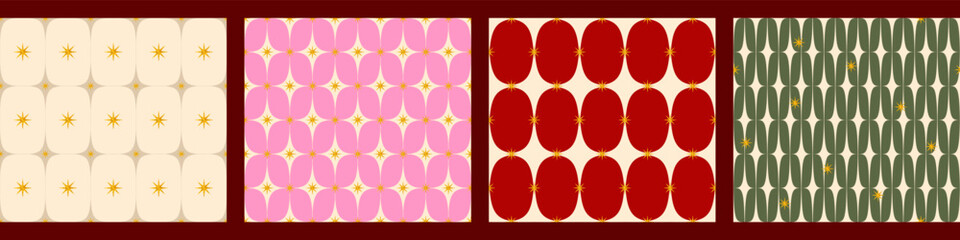 Naklejka premium Retro mid century seamless geometric patterns set with gold glitter stars. Diamond Christmas backgrounds for wrapping paper, textile, fabric, wallpaper and holiday design.Modern vector illustration