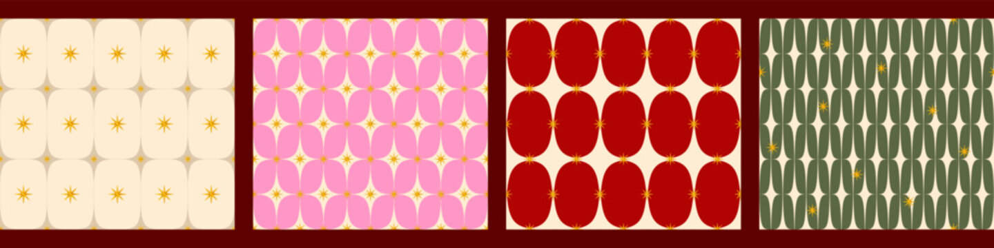 Retro mid century seamless geometric patterns set with gold glitter stars. Diamond Christmas backgrounds for wrapping paper, textile, fabric, wallpaper and holiday design.Modern vector illustration