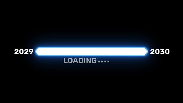 2029 to 2030 loading progress bar with glowing blue neon interface, year transition indicator and dark digital background 4k animation video