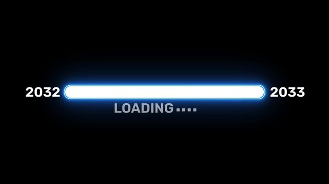 2032 to 2033 loading progress bar with glowing blue neon interface, digital status indicator and futuristic display on a dark background 4k visuals