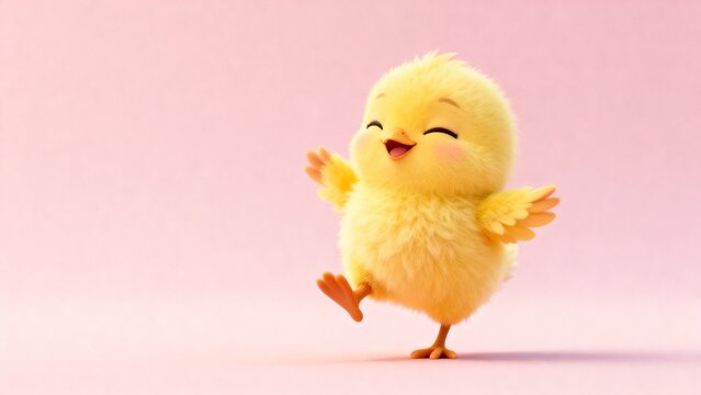 Cute yellow 3D  baby chick standing with wings raised on soft pink background for Easter or spring design