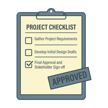 Project checklist clipboard with approved stamp icon