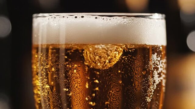 Close-up of golden beer with foam and rising bubbles in a glass