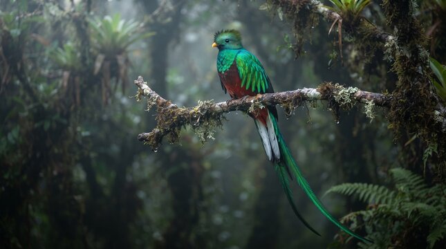 Vibrant resplendent quetzal bird perched on mossy rainforest branch in misty jungle habitat