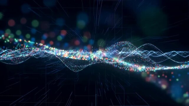 Colorful particles flow and oscillate in wave-like patterns against a dark digital background. Animated scene combines particles and wave shapes with glowing light.