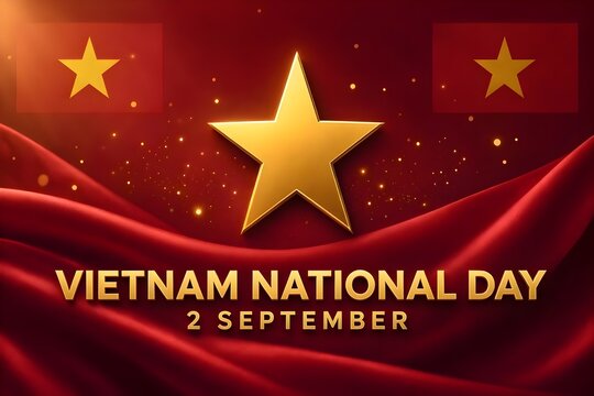Elegant Vietnam National Day celebration background, deep red silk fabric waves, glowing golden star, subtle Vietnamese flag elements, sparkling particles