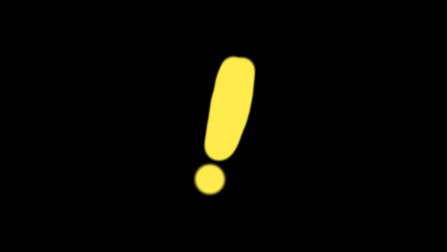 Bright yellow exclamation mark icon isolated on dark black background, representing alert, warning, notice, sign, emphasis, attention, and important visual symbol for UI design and modern marketing.