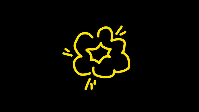 Yellow hand drawn comic explosion cloud doodle icon on black background. Comic book boom effect element vector illustration for pop art graphic design, bang, power burst, motion, cartoon background