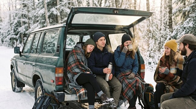 Group of friends wrapped in blankets sit in a car trunk, sharing hot drinks from a thermos in a snowy forest.