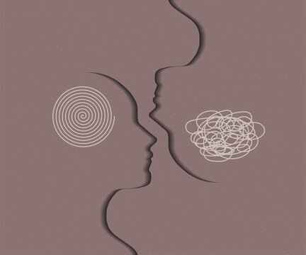 Two human profiles with spiral and tangled lines symbolizing psychology conflict and communication breakdown
