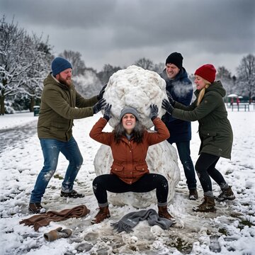Group of friends laugh and strain together while rolling a giant snowball in a snowy park, building an oversized snowman.
