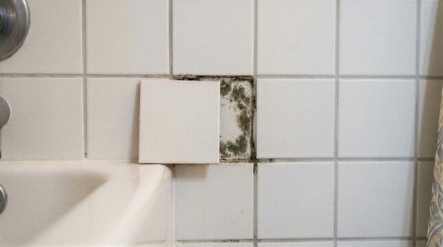 Detached white ceramic tile falling off bathroom wall revealing black mold and dirt on grout. Poor hygiene and water damage defect concept. Home renovation and maintenance problem