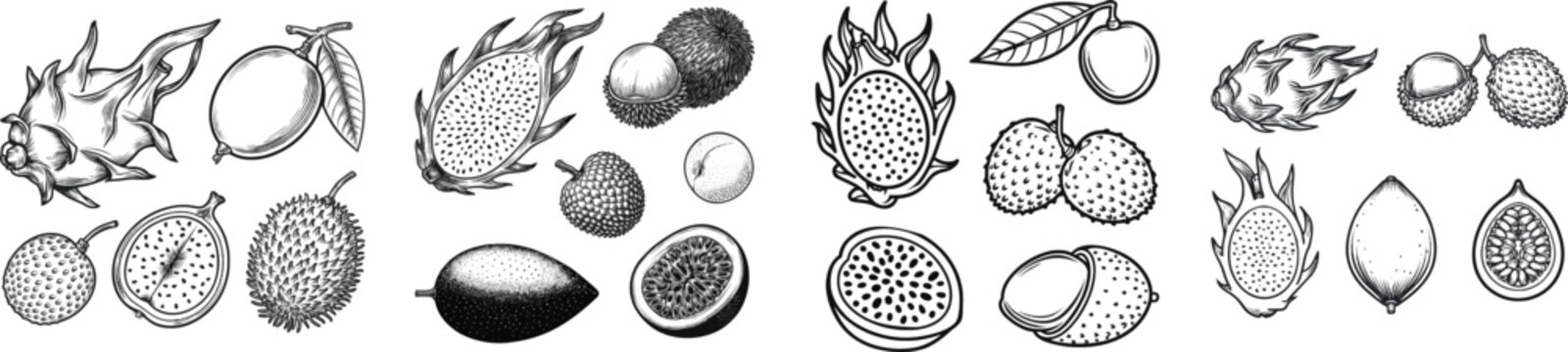 A collection of exotic fruits including dragon fruit, lychee, and passion fruit is depicted in a monochromatic black-and-white illustration style