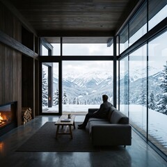 Fototapeta premium Man sits on a couch inside a modern cabin, gazing through floor to ceiling windows at snow covered mountains and a fireplace.