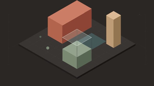 Isometric 3d geometric shapes rising and moving on dark grid surface