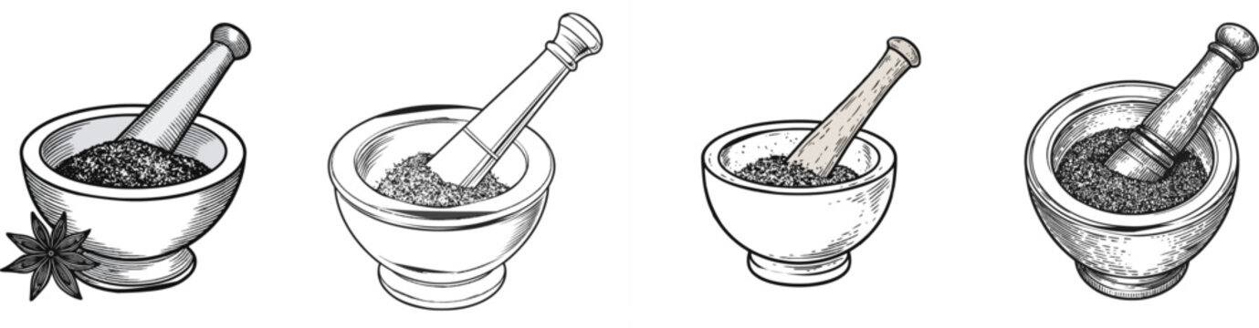 A detailed black-and-white illustration depicts a traditional mortar and pestle filled with crushed spices, accompanied by an anise star, set against a stark white background