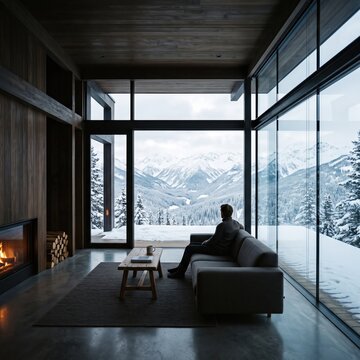 Man sits on a couch inside a modern cabin, gazing through floor to ceiling windows at snow covered mountains and a fireplace.