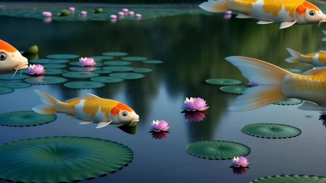 Surreal dreamcore 3D render of koi fish swimming above a pond surface. Magical fantasy aesthetic, floating lily pads, and zen nature background for relaxing or artistic video overlays.