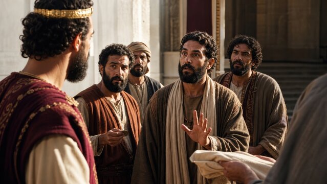 Bearded man servant reporting to nobleman king with golden crown holding cloth with hidden mina. Biblical parable of ten minas about stewardship and faithfulness concept for religious teaching
