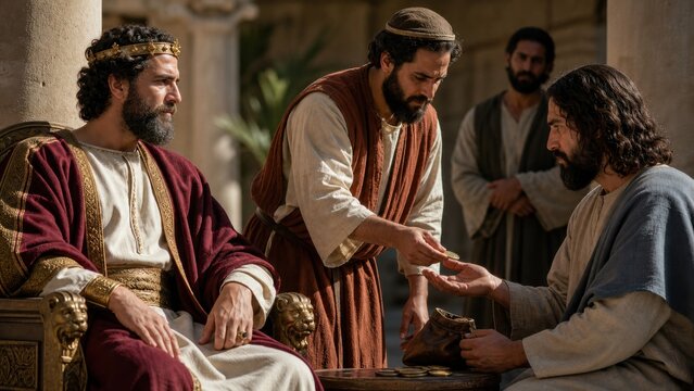 King on throne watching servant taking coin from lazy servant to give to faithful man. Parable of the ten minas from Luke Gospel, biblical stewardship and judgment concept