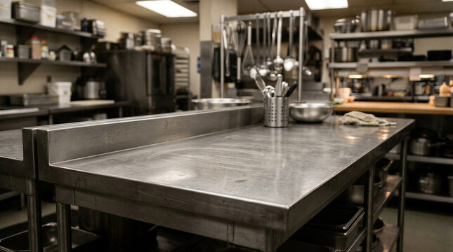 Dirty stainless steel work table with grease stain and grime in commercial kitchen. Unsanitary restaurant hygiene violation and contamination concept