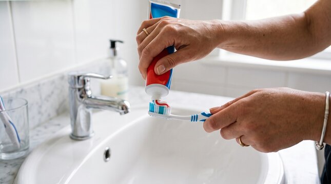 Woman Squeezing Striped Toothpaste onto Blue Toothbrush over Bathroom Sink Closeup