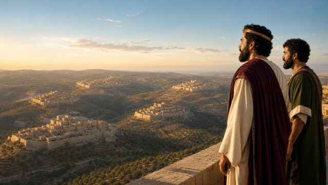 Nobleman and servant overlooking ancient walled cities on hills at sunset. Biblical parable of the minas and faithful steward expectation of kingdom and reward of ten cities concept