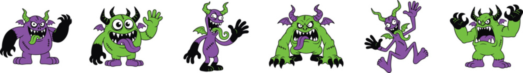 Fototapeta premium Spooky Purple and Green Halloween Monster Vector Set with Devil Goblin Character Icons
