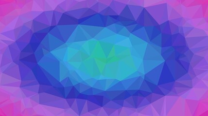 Fototapeta premium Concentric oval low poly geometric background in purple and blue shades featuring light turquoise center for focal point framing and futuristic banners.