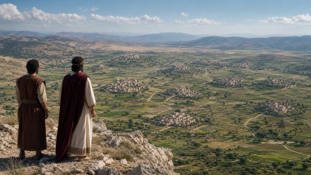 Two men standing on hill overlooking valley with ten towns. Biblical parable of faithful steward rewarded with authority over cities. Stewardship and kingdom responsibility concept