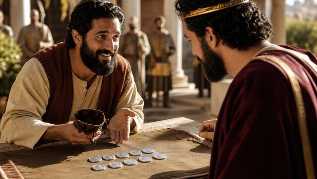 Smiling man servant presenting ten silver coins to king nobleman at table. parable of the minas faithful steward report with tenfold profit. biblical gospel teaching about faithfulness and reward