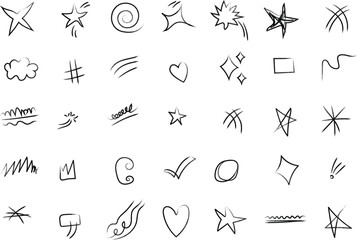 Fototapeta premium Hand Drawn Black Line Art Doodle Vector Icon Set, Stars Arrows Hearts Sparkles and Decorative Swirl Vector Graphics
