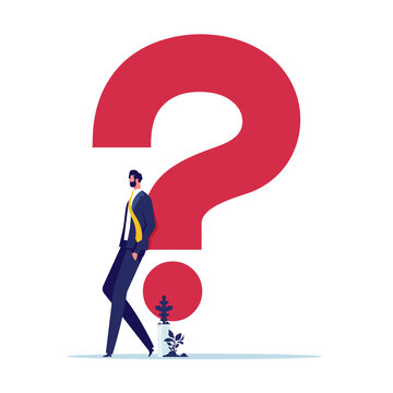 Question or problem solving, think about answer or solution, contemplation, doubt or concentration, FAQ frequently asked questions, doubtful businessman thinking about answer with big question mark