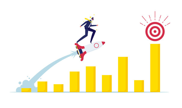 Reaching goal or success concept, investment profit increase, growing fast or improvement sales and revenue, progress or development, businessman riding rocket to reach target bullseye or rising up re