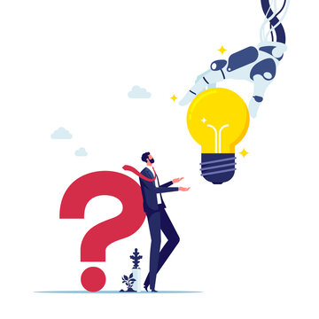 Using artificial intelligence to generate ideas to help solve problems, AI support, creative brainstorming, businessman stand with question mark sign and a robot hand holding a light bulb for bright s
